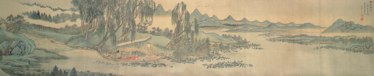 Handrolle mit Landschaft und Kolophon-Gedicht, Angeln im Weidenbach, Chinesisch, 1706